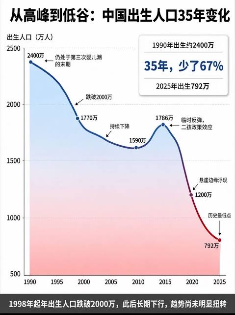这张1990-2025年出生人口走势图不要太直观。 目前95后是婚育主力，要进入两千万以下。 未来每年出生人口还会持续向下。  20后今年开始入学，后面新入学人数可以想象。 婚纱摄影几乎全军覆没，幼儿园关停。 房子，尤其学区房肉眼可见没啥支撑力。 主要靠收割结婚和教育刚需 ...