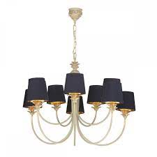 Chandelier in aluminium black matte canopy and black matte and gold powder paint shade. 10 Light Colonial Style Cream Chandelier With Striking Black Shades