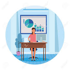 Worker Woman In Computer Desk With Data Chart And Papers Vector