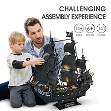 Cubicfun 3d puzzles 26.6 pirate ship with 15 led bulbs for adults sailboat model building kits hobby toy, cool room decor gift for men queen anne's revenge, difficult family puzzle. Cubicfun 3d Puzzle Led Pirate Ship Queen Anne S Revenge Large 27 Model Kit Desk Decor Sailboat