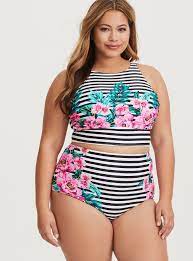 Floral Stripe High Neck Bikini Top High Neck Bikinis Plus Size Swimwear Plus Size Bikini