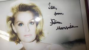 Dina Merrill, SIGNED INSCRIBED autographed COLOR photo BEAUTIFUL BLONDE  HOLLYWOOD actress & Cereal Heiress in Yellow Spaghetti strap Dress , WHO  WAS COUSIN TO BARBARA HUTTON, WOOLWORTH HEIRESS by Dina Merrill, SIGNED