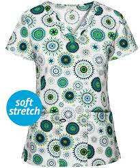 Green Town Green Circle Medallions V Neck Scrub Top