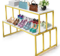 Metal Shoe Handbag Display Stand, 2 Tier Heavy Duty Display Table, Modern  Standing Display Riser Shelf for Retail Stores, Iron and Wood, Gold