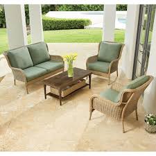 Hampton Bay Lemon Grove 4 Piece Wicker Outdoor Patio Conversation Set With Surplus Cushions D11230 4pc The Home Depot Patio Furniture Fire Conversation Set Patio Wicker Patio Furniture