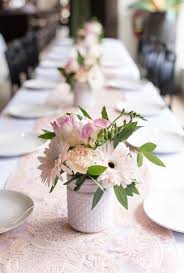 Spring Wedding Centerpiece Idea White Jar With Spring Floral Arrangement Pastel Pink Diy Wedding Flowers Pastel Wedding Flowers Spring Wedding Centerpieces