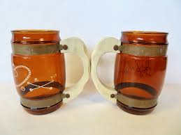 Vintage 50s 60s Pair Set of Siesta Ware Amber Western Cowboy Boot Mugs W  Metal Band Real Wood Wooden Handle