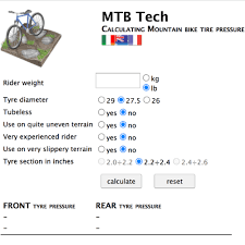 Our online mountain bike tire pressure calculator can be used to estimate an optium tire pressure. Mountain Bike Tire Pressure Guide Calculator Mtb Skiing Fitness