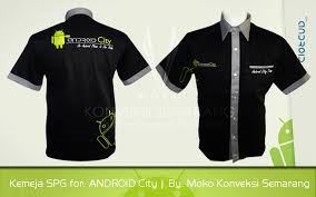 Adapun teknologi yang kami gunakan adalah teknologi bordir komputer dengan hasil yang memuaskan, beda dengan sablon kaos. Baju Kerja Android City Model Baju Spb Spg Moko Konveksi