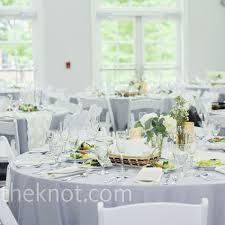 Light Gray Tablecloths And Textured Ivory Runners Created A Romantic Look For The Reception Ivory Decor Wedding Reception Chairs Wedding Reception Tables