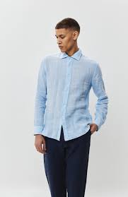 Light Blue Long Sleeve Linen Shirt Men 120% LINO