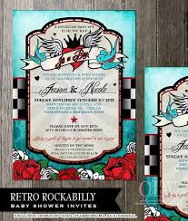 Rockabilly Baby Shower Invitationblue Checkered By Oddlotemporium 22 00 Tattoo Baby Shower Rockabilly Baby Baby Shower Invitations