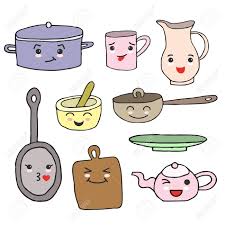 kitchen tools with cartoon kawaii faces