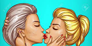 Vector Pop Art Sexy Women Kissing Each Other, Lesbian Love. Faces With Red  Lips, Closed Eyes Isolated On Blue Background. Homosexual Relationship, Sensual  Cartoon Characters For Ad Poster, Banner. Royalty Free SVG,