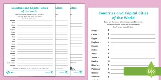 Smallest capitals of the world. Capitals And Countries Around The World Worksheet