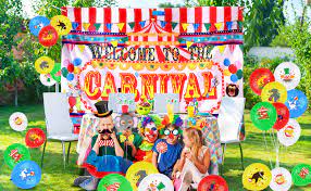 Type your own text into this huge editable circus or carnival theme party invitation & decorations set! Amazon Com Circus Carnival Banner Backdrop 20 Carnival Balloons 11 Carnival Photo Booth Props For Circus Carnival Party Supplies Decorations Toys Games