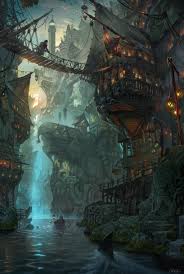 Man Walking Between Ship Bridge Digital Wallpaper League Of Legends Bilgewater Pirates Port Fantasy Art Landscapes Fantasy Landscape Environment Concept Art