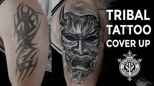 Best tattoo cover up ideas. Tribal Tattoo Cover Up Japanese Oni Mask One Session Salvation Tattoo Studio Youtube