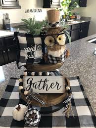 Black And White Plaid Decor Owl Tier Tray Decor Buffalo Plaid Black White Owl Fall Plaid Etsy Fall Plaid Decor Plaid Decor Tiered Tray Decor
