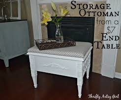 Attach the 2x4s to the bottom of the crate on each side (these will serve as the base for wheels.) cut the plywood to match the dimensions of the crate (to make a lid/seat.) Thrifty Artsy Girl How To Make An Elegant Storage Ottoman With A Removable Cushion From A 7 Thrifted End Table