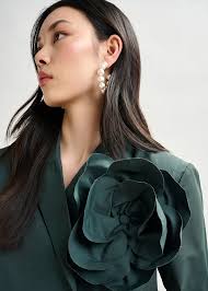 Dark teal green bodysuit with self-fabric flower