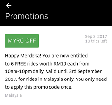 Please, note, this taxi service has different kinds of codes you can use on your app version in malaysia, they function differently. Uber Promo Code Rm6 Discount X 10 Free Rides 10am 10pm Until 3 September 2017