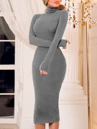 Solid High Neck Long Sleeve Midi Dress Long Sleeve Midi Dress Long Sleeve Short Dress African Print Fashion Dresses