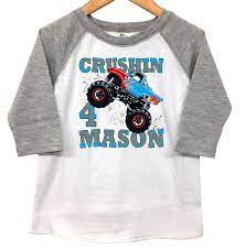 Customize with their name for a unique birthday present. Amazon Com Monster Truck Toddler Boy Birthday T Shirt Personalized Custom Name Age Kids Raglan Tee Grey Crushin Blue Red Flames Jump 2nd 3rd 4th 5th Handmade