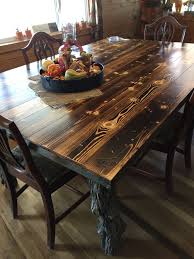 Dining Room Table Made Out Of Old Cedar Fence Post And Coral Rails Burned And Distressed The Pine Plank Pine Dining Table Dining Room Table Cedar Fence Posts