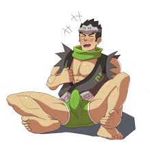 ignacio, genji (overwatch), overwatch, overwatch 1, highres, 1boy,  barefoot, bulge, closed eyes, crotch, male focus, smile, solo, torn  clothes, underwear 