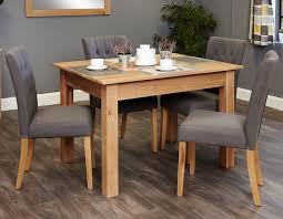 Baumhaus Mobel Oak Dining Set With 4 Flare Back Grey Upholstered Chairs Four Seater Dining Table Dining Furniture Sets Oak Dining Sets