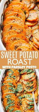 Sweet Potato Roast With Pesto Easy Thanksgiving Side Dish In 2020 Thanksgiving Recipes Side Dishes Traditional Thanksgiving Recipes Thanksgiving Food Sides