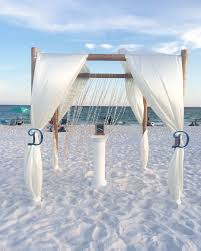 Four Post Arbor Bamboo Gazebo With Monograms And Crystal Curtain Destination Beach Wedding In Dest Beach Destination Wedding Beach Wedding Decorations Destin