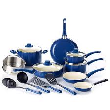 Amazon Com Greenlife Soft Grip 16pc Ceramic Non Stick Cookware Set Black Kitchen Dining Ceramic Non Stick Blue Kitchen Accessories Cookware Set