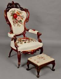 Highvictoriana Heavily Carved Rococo Revival Needlepoint Armchair With Stool Mid 19th Century I Would Victorian Chair Victorian Furniture Victorian Decor