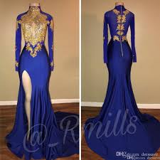 Sexy High Neck Blue Prom Dresses Mermaid Slit Long Sleeves Party Dress Evening Wear Lace Applique Sequined Graduation Gowns 2k19 B Darlin Prom Dresses