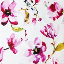 A Beautiful Watery Floral Fabric In A Fresh Blend Of Fuchsia Blush Pink Green Royal Blue And Yellow On A White Background Suitable For Drapery Upholstery