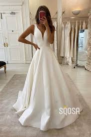 A Line V Neck Ivory Satin Simple Wedding Dress Backless Bridal Gowns Qw0946 In 2020 Backless Wedding Dress Backless Bridal Gowns Wedding Dresses Unique