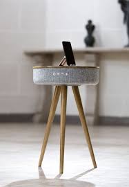An All In One Multimedia Table Made Of Black Walnut Ash Wood Mellow Is Also A Bluetooth Speaker And 6600 Mah Power Bank That Ca Table Speaker Table Home Tech