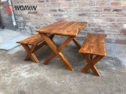 Target / furniture / kitchen & dining furniture / wood : Woavin Studio Wooden Live Edge Cross Leg Dining Table And Bench Set Of 3 Size Dimension T 120x90x76 B 120x40x44 Rs 15000 Pair Id 20996121788