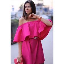 Fuchsia Solid Color Ruffle Off Shoulder Casual Dress