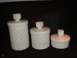 Where can i get a milk glass canister set? 3 Vintage White Milk Glass Quilted Beaded Diamond Canisters Dresser Vanity Jars 1848674453
