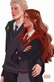 An adorable fanart illustration of hermione granger in her uniform from house gryffindor while cradling books with a blue spirit otter on a gray backdrop. Elithien On Twitter Draco Malfoy And Hermione Granger As Head Boy And Head Girl I Have So Many Headcanons Over This Au Dramione Fanart Https T Co Ojhuxmdzn2
