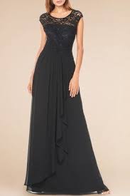 Elegant Black Lace And Chiffon Illusion Cap Sleeve A Line Long Bridesmaid Dress Lace Bridesmaids Gowns Bridesmaid Dresses Bridesmaid Dress Styles