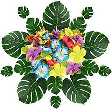 You can enjoy your artificial tropical plants for years to come without worrying about watering them. Home Kitchen Artificial Plants Greenery Luau Party Decorations Table Decorations Hawaiian Party Decorations Supplies Jungle Party Decorations 54pcs Artificial Tropical Palm Leaves And Silk Hibiscus Flowers For Tropical Party Decorations