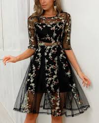 Buy Sheer Mesh Overlay Floral Embroidery Dress In The Online Store Toptrendbrand Floral Embroidery Dress Embroidery Dress Dresses