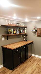 Basement Bar Homemade Counter And Exposed Shelves Diy Home Bar Basement Bar Designs Basement Living Rooms