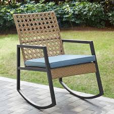 Walker Edison Furniture Company Light Brown Rattan Modern Patio Rocking Chair With Blue Cushion Rattan Rocking Chair Rocking Chair Patio Rocking Chairs