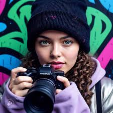 A teenage girl posing in front of a "No Trespassing" sign, her outfit a mix  of ironic vintage and luxury knockoffs. She's holding a disposable camera  while her friend captures her on