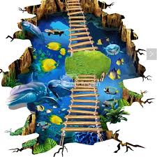 3d Dolphins Fishes Wooden Suspension Bridge Waterproof Nonslip Self Adhesive Blue Floor Art Murals Painting Wallpaper Floor Art Wall Wallpaper